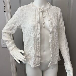 Saks Fifth Avenue White Terry Cloth Tie-Neck Blouse